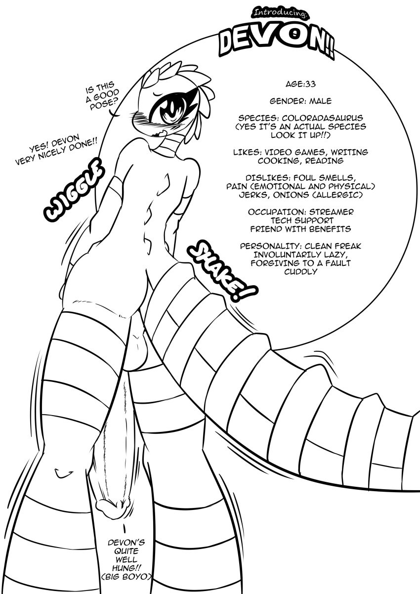 absurd_res anthro balls big_penis blush coloradosaurus devon_the_coloradosaurus dinosaur english_text genitals hi_res huge_cock hyper hyper_genitalia hyper_penis inks male monochrome nude penis perineum reptile scalie solo taboo_tails_(copyright) text white_crest