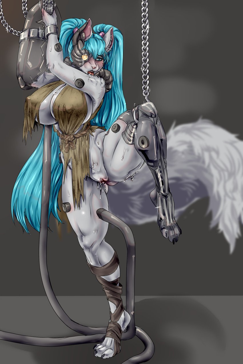 absurd_res adeptus_mechanicus anthro big_breasts blue_eyes blue_hair bodily_fluids bound breasts chain_collar chained_cuffs chained_up chains collar crossover cuff_(restraint) cybernetic_arm cybernetic_eye cybernetic_limb cybernetics cyborg domestic_cat felid feline felinid felis female foot_wraps genital_fluids genitals grey_body hair hands_tied hi_res hlebushekuwu hochune_meowku imperium_of_man iron_collar iron_cuffs looking_down machine mammal metal_claws metal_collar metal_cuffs pussy pussy_juice rags raised_leg restraints servitor slave small_waist solo spread_legs spreading steam story story_in_description submissive submissive_female sweat thick_thighs tongue tongue_out tube warhammer_(franchise) warhammer_40k