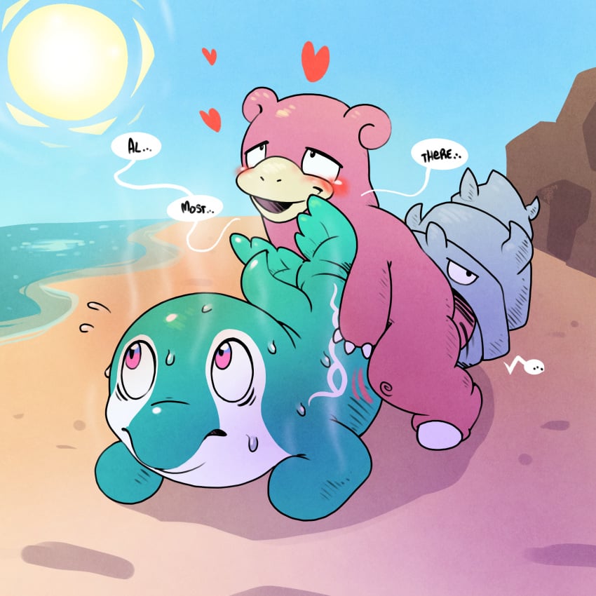 1:1 absurd_res ambiguous_gender argon_vile beach beached blush bodily_fluids cetacean dialogue finizen fish heart hi_res impending_doom male male/ambiguous mammal marine nintendo pokémon_(species) pokemon seaside slowbro sun sweat sweatdrop