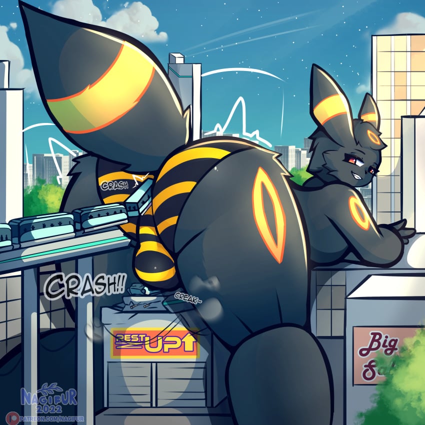 1:1 2022 absurd_res ambiguous_gender anthro artist_name ass back_bulge balls bent_over biped black_body black_fur bottomwear building bulge cheek_tuft city cityscape clothed clothing cloud crush dated destroyed_building destroyed_vehicle destruction detailed_background digital_media_(artwork) eeveelution emanata english_text extreme_size_difference facial_tuft fur generation_2_pokemon genitals group hair hi_res larger_anthro larger_male looking_back macro male male_focus nagifur nintendo outside panties partially_clothed pattern_bottomwear pattern_clothing pattern_panties pattern_underwear plant pokémon_(species) pokemon pokemon_(species) rear_view red_eyes size_difference sky smaller_ambiguous smile solo_focus sound_effects star striped_bottomwear striped_clothing striped_panties striped_underwear stripes text topless train tree tuft umbreon underwear underwear_only vehicle