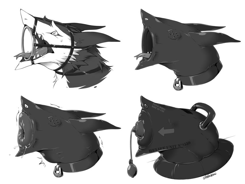 ambiguous_gender anthro bondage collar gag hi_res inflatable_gag inflatable_insertable latex latex_hood layered_bondage metal_collar monochrome neck_bulge open_mouth open_mouth_gag ring_gag rubber_hood sensory_deprivation sergal solo viddharta-joshua