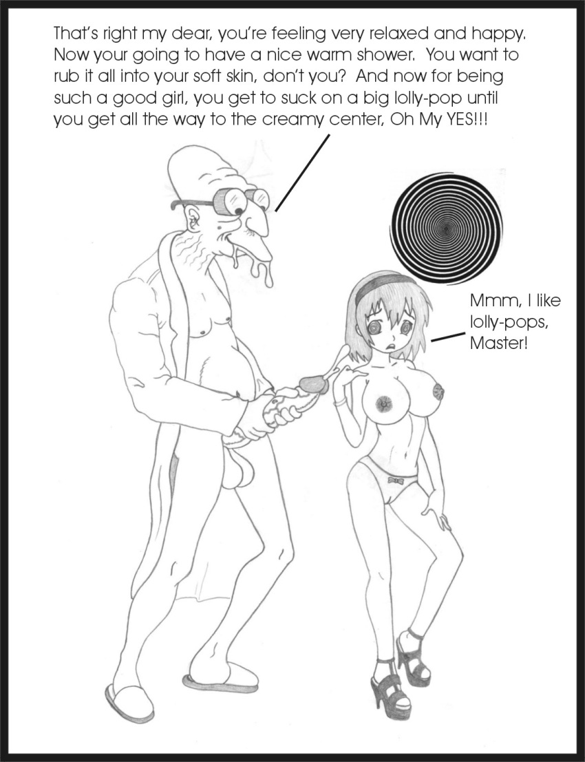 age_difference black_border cum female futurama hubert_j_farnsworth human hypnosis male mind_control monochrome nipples old_man sbb simple_background slave straight traditional_media white_background