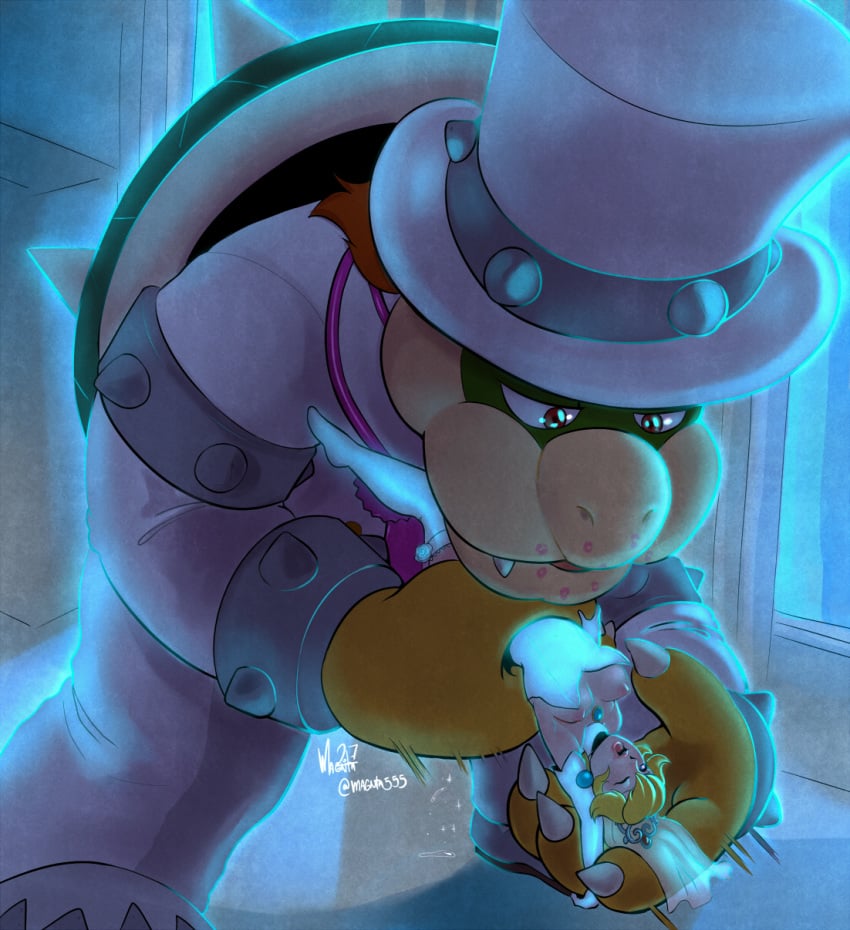 1boy 1girls anthro blonde_hair bowser breasts bride claws clothing dress female gloves hair hat hi_res human human_on_anthro interspecies kiss_mark koopa legwear male mammal mario_(series) naughtymagnta nintendo nipples princess_peach scalie shell signature size_difference spikes straight suit super_mario_odyssey video_games wedding_dress