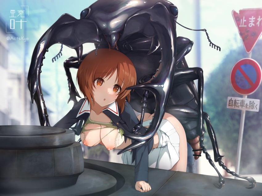 bar_censor beetle bent_over breasts brown_eyes brown_hair bug censored female foley_anden girls_und_panzer ground_vehicle highres imminent_penetration imminent_rape insect insectophilia long_sleeves military military_vehicle motor_vehicle nipples nishizumi_miho ooarai_military_uniform open_clothes open_mouth open_shirt outdoors penis road_sign sign skirt stag_beetle straight tank torn_clothes white_skirt zoophilia