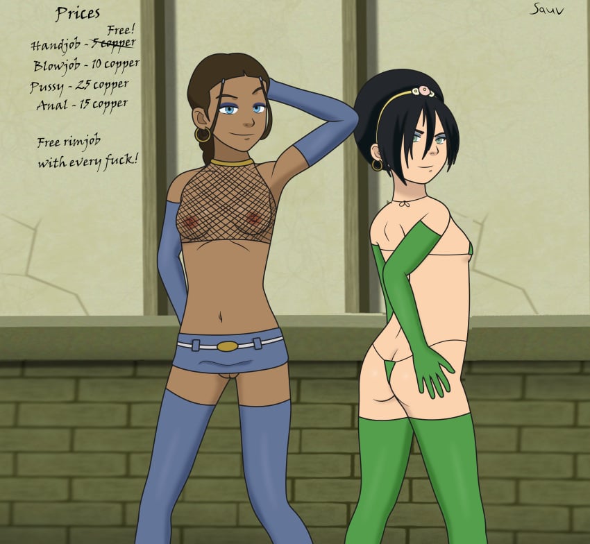 armwear ass avatar_the_last_airbender clothing earrings eyeshadow flat_chest hand_on_ass katara makeup micro_bikini microskirt miniskirt no_panties price pricelist prostitution pussy_peek revealing_clothes sauvdraws see-through see-through_clothing skirt slutty_outfit smug_grin stockings swimsuit thong thong_bikini toph_bei_fong