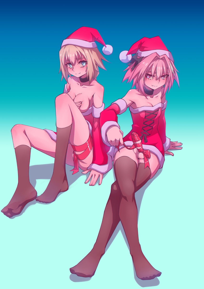 1boy absurdres astolfo_(fate) bare_shoulders blonde_hair blue_background blue_eyes bobblehat breasts breasts_out brown_thighhighs cleavage closed_mouth clothes_pull collar collarbone covering covering_breasts crossed_legs detached_sleeves dress dress_pull erection fate/grand_order fate_(series) female full_body gradient gradient_background hat hej hej_(mugmnm51) highres jeanne_d'arc_(fate) knees_up large_breasts long_hair long_sleeves looking_at_viewer no_panties otoko_no_ko penis pink_hair purple_eyes red_headwear red_ribbon ribbon santa_dress santa_hat sitting smile testicles thighhighs uncensored upskirt