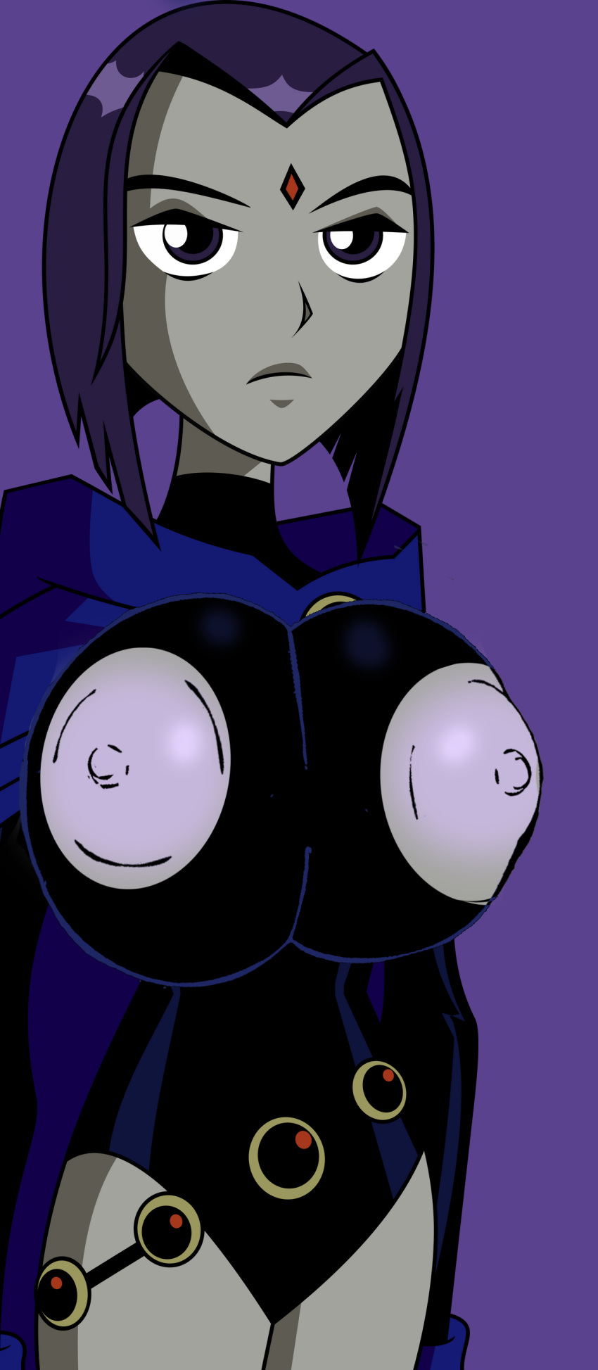 1girls alternate_breast_size big_breasts dc dc_comics edit female female_only gameoveredits grey_skin huge_breasts purple_hair raven_(dc) screenshot_edit solo teen_titans wardrobe_malfunction