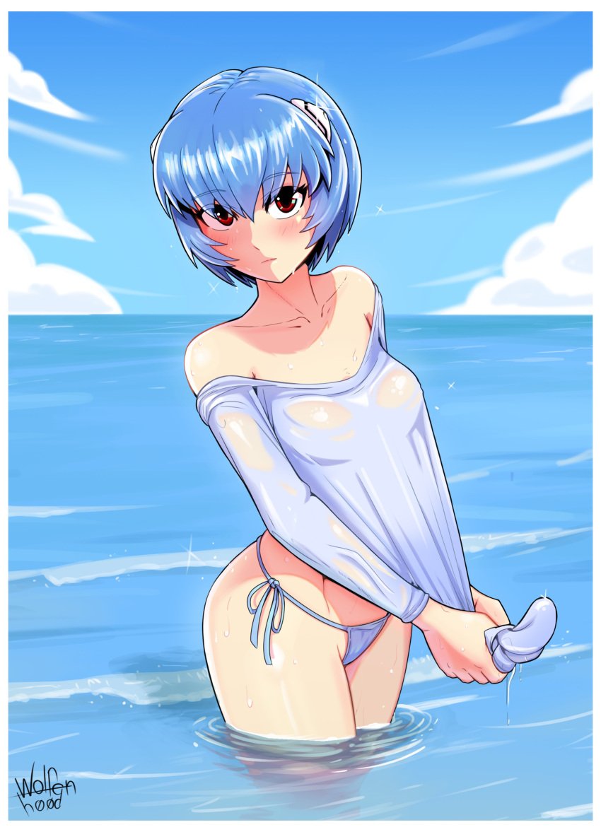 1girls artist_signature bare_shoulders beach blue_hair cute daytime female female_only fully_clothed neon_genesis_evangelion outdoors red_eyes rei_ayanami sea shiny_hair short_hair side-tie_bikini_bottom solo_female standing standing_in_water water_drop wet_shirt wolfenhood wringing_clothes wringing_shirt