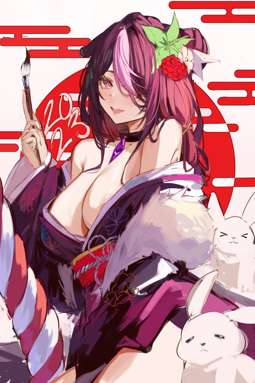 1girls 2023 bare_shoulders barely_covered_breasts barely_visible_nipples big_breasts blush_lines cleavage collar covered_eye exposed_shoulders eye_covered ginga_elyka hair_covering_eye hair_over_one_eye kimono kimono_down looking_at_viewer naokomama one_eye_covered one_eye_obstructed paintbrush pink_hair purple_eyes purple_hair rabbit solo solo_female solo_focus virtual_youtuber yukata yukata_on_shoulders yuusachii_(vtuber)