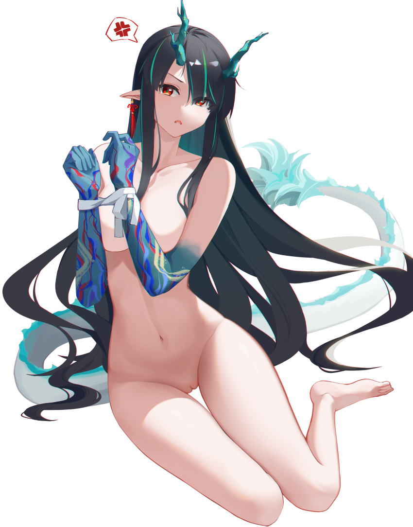 absurdres anger_vein arknights barefoot black_hair blue_skin bound bound_wrists breasts cleft_of_venus collarbone colored_skin convenient_arm dragon_girl dragon_horns dragon_tail dusk_(arknights) earrings female full_body gradient_skin green_hair highres horns jewelry large_breasts leiroken long_hair looking_at_viewer multicolored_hair navel nude open_mouth pointy_ears pussy red_eyes simple_background sitting solo speech_bubble spoken_anger_vein stomach streaked_hair tail tassel tassel_earrings two-tone_hair uncensored v-shaped_eyebrows very_long_hair white_background yokozuwari