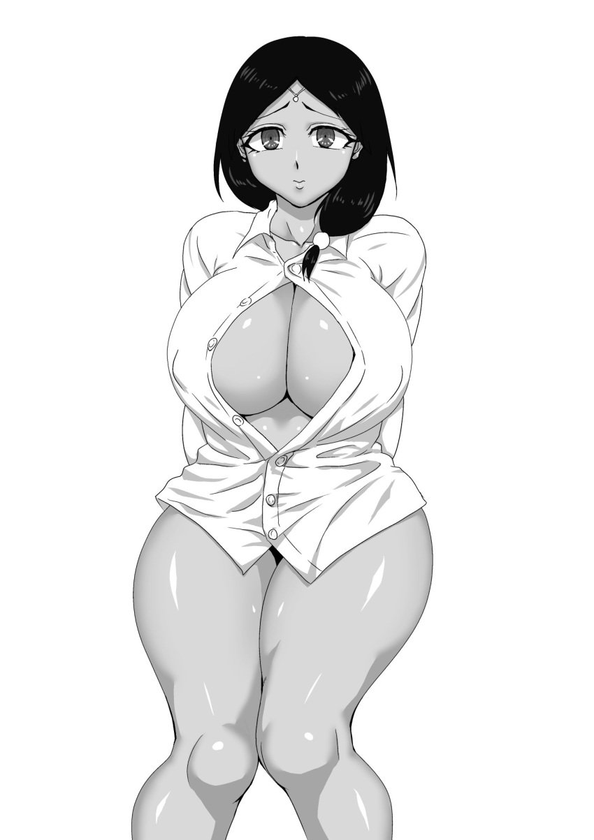 arms_behind_back big_breasts boob_window bottomless circlet cleavage deusa female female_only gaolang_wongsawat genderswap_(mtf) huge_breasts kengan_(series) kengan_ashura knees_together_feet_apart looking_at_viewer low-tied_long_hair low_ponytail monochrome nipple_bulge no_bra open_shirt ponytail rule_63 solo tan_skin thick_thighs tied_hair unbuttoned_shirt wide_hips