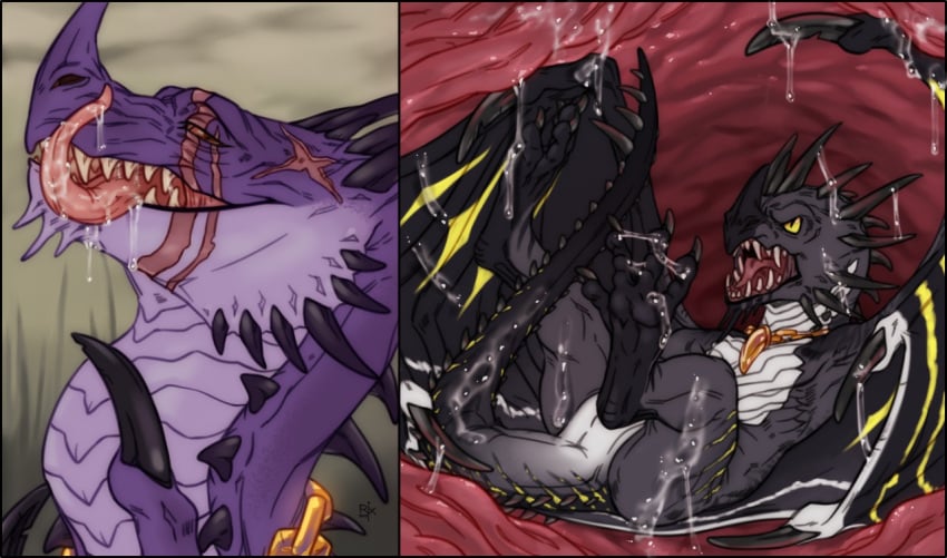 2_panel_comic ambiguous_gender angry anus artist_logo black_wings bodily_fluids chains cheek_spikes dragon drooling duo facial_scar facial_spikes feral internal licking licking_lips licking_own_lips logo long_neck membrane_(anatomy) membranous_wings narrowed_eyes open_mouth oral_vore purple_body red_tongue riorix saliva saliva_on_tongue scales scar self_lick sharp_teeth side_view simple_background spiked_tail spikes spikes_(anatomy) teeth tongue tongue_out vore white_body white_scales wings