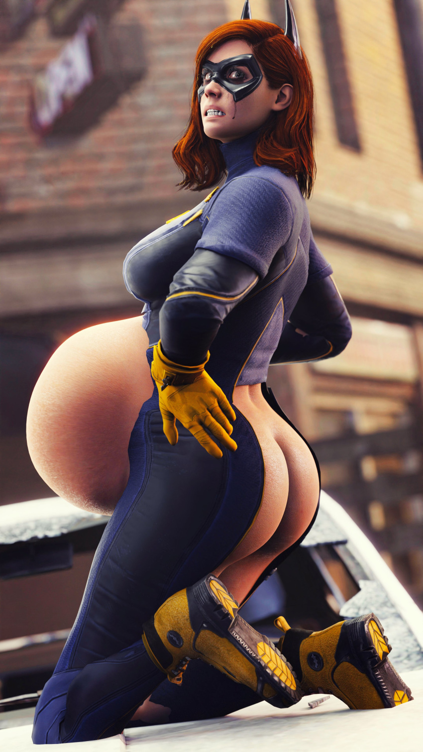 1girls 3d ass ass_grab barbara_gordon batgirl batgirl_(gotham_knights) batman_(series) belly big_belly city clubzenny crying dc dc_comics embarrassed female gotham_knights pregnant presenting public red_hair solo torn_clothes