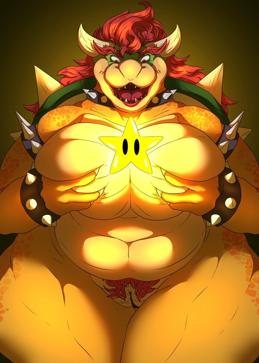 absurd_res anthro big_breasts bowser bracelet breast_grab breasts collar female female_bowser genitals green_body hair hand_on_breast hi_res horn jewelry koopa long_hair mario_(series) nintendo not_furry nude open_mouth pussy red_hair rule_63 scalie sharp_teeth shell smile solo spiked_bracelet spiked_collar spiked_shell spikes spikes_(anatomy) standing star super_mario_bros. super_mario_bros._(2023_film) teeth tolerain turtle_shell yellow_body