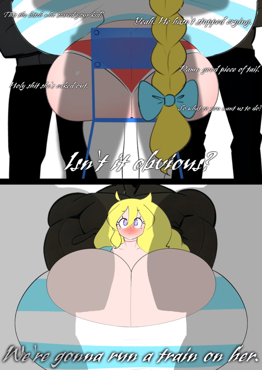 blonde_hair blush cassie_(theycallhimcake) gigantic_breasts huge_ass hyper imminent_execution imminent_traintrack interracial multiple_males nervous purple_eyes scared surrounded theycallhimcake third-party_edit