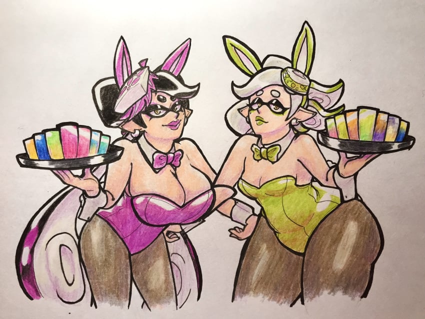 2girls ass big_ass big_breasts black_hair bowtie breasts bunny_girl bunnysuit callie_(splatoon) clothing color dat_ass eyeshadow fully_clothed huge_ass huge_breasts large_ass large_breasts latex light-skinned_female light_skin lipstick long_hair looking_at_viewer makeup marie_(splatoon) mole mole_under_eye multicolored_hair new_year oh_gosh_levi pink_hair pointed_ears pointy_ears shiny_clothes short_hair silver_hair splatoon squid_sisters symbol-shaped_pupils tentacle_hair twintails waitress white_hair yellow_eyes