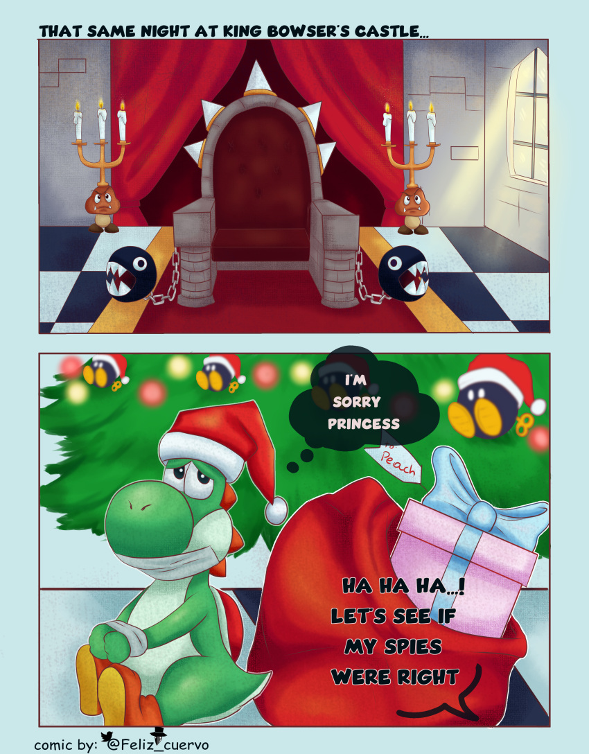 bob-omb bowsettetruequeencomic chain_chomp christmas comic comic_page fanart feliz_cuervo goomba mario_(series) nintendo nintendo_switch super_mario_bros. tied_up yoshi