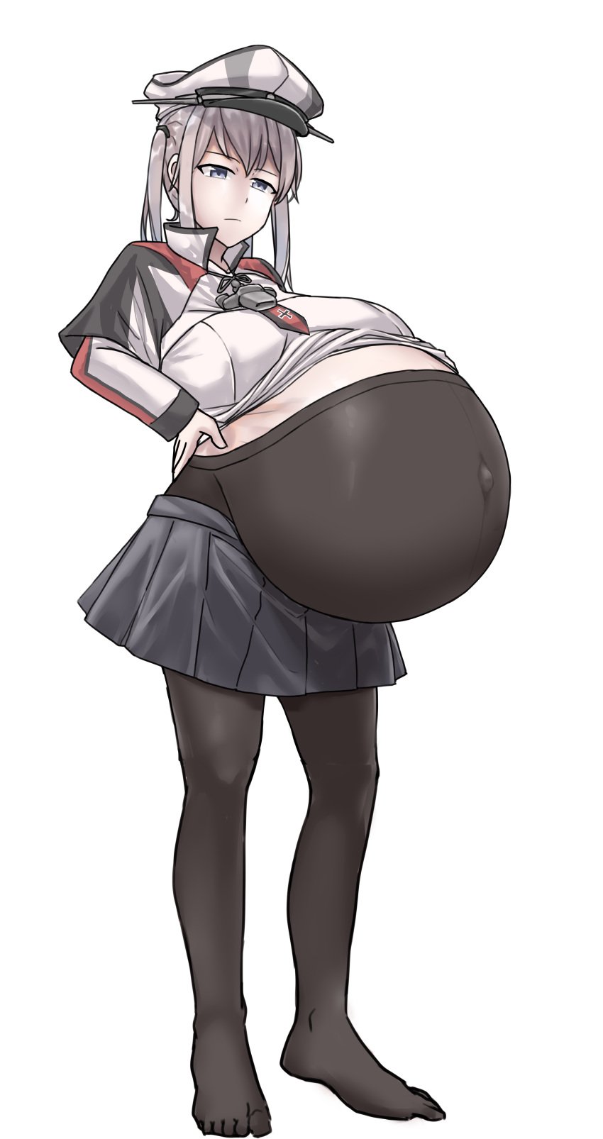 female female_only frown garylin graf_zeppelin_(kantai_collection) hand_on_hip huge_belly kantai_collection large_breasts maternity_pantyhose military_hat military_uniform pantyhose pleated_skirt pregnant silver_hair solo twintails uniform