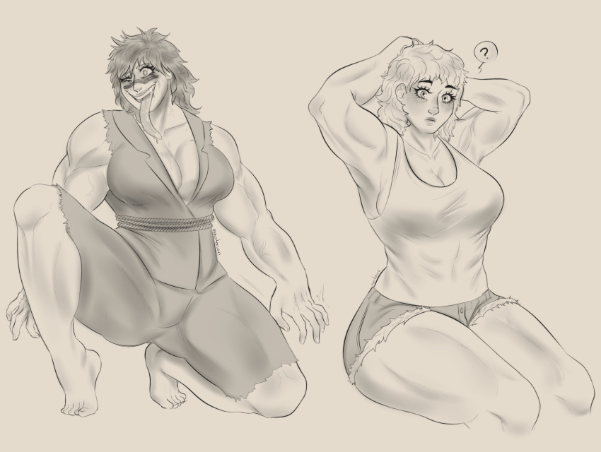 2girls ? arms_up barefoot big_breasts cleavage crouching denim_shorts facial_tattoo female female_only full_body fully_clothed genderswap_(mtf) kengan_(series) kengan_ashura martial_arts_uniform medium_hair meguro_masaki monochrome muscular muscular_female muscular_thighs pyo_val rihito rule_63 short_shorts shorts sideboob sitting sleeveless sleeveless_shirt smile tank_top thick_thighs tongue_out