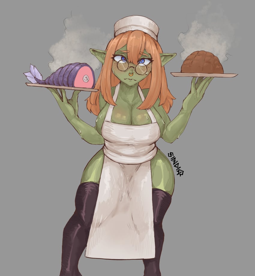 1girls apron apron_only big_breasts big_butt blonde_female blonde_hair blue_eyes busty chef cooking freckles glasses goblin goblin_female green-skinned_female green_skin pointy_ears shortstack sindio strawberry_blonde_hair thighhighs wide_hips