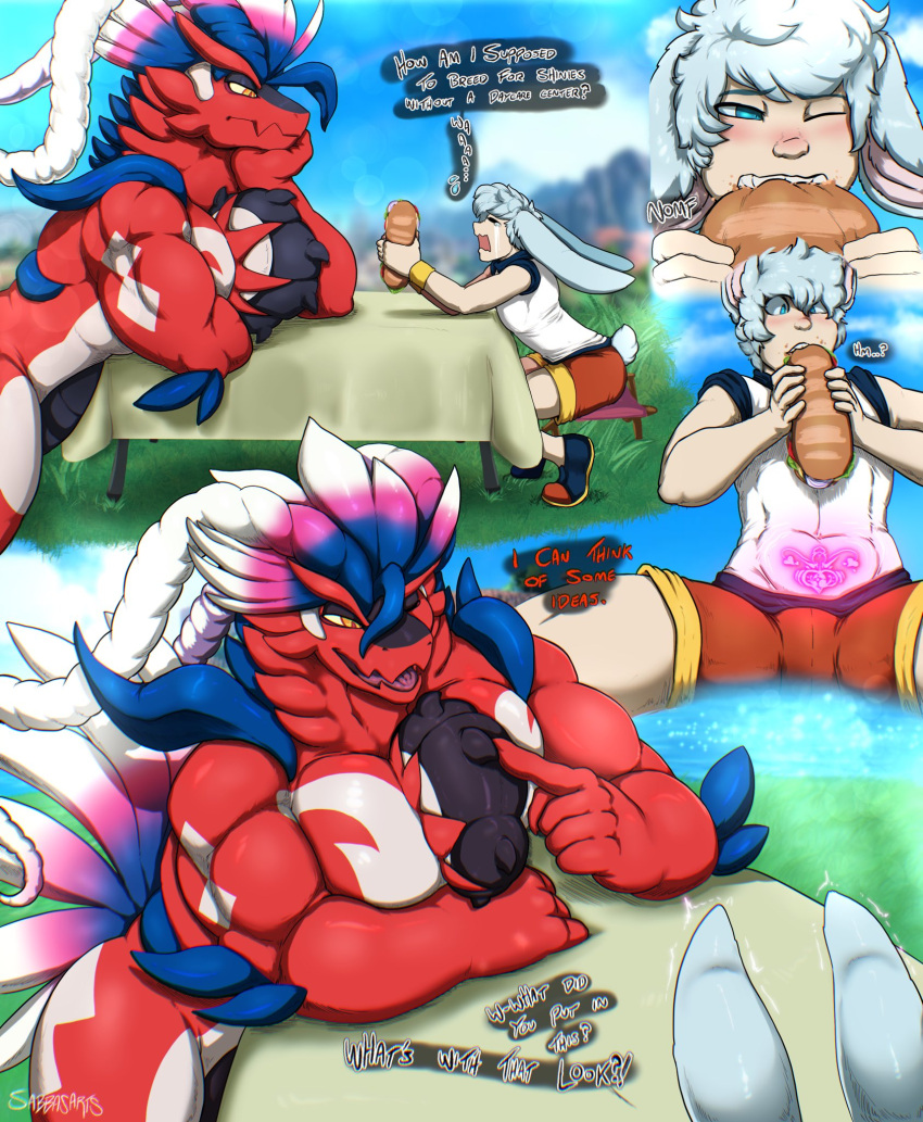 anthro big_breasts big_chest big_muscles bunny_ears dialogue digital_drawing_(artwork) eating fanart food koraidon legendary_pokémon male male/male male_only muscles muscular muscular_male nintendo oc paradox_pokemon pokémon_(species) pokemon pokemon_sv sabbasarts sandwich_(food) scalie size_difference