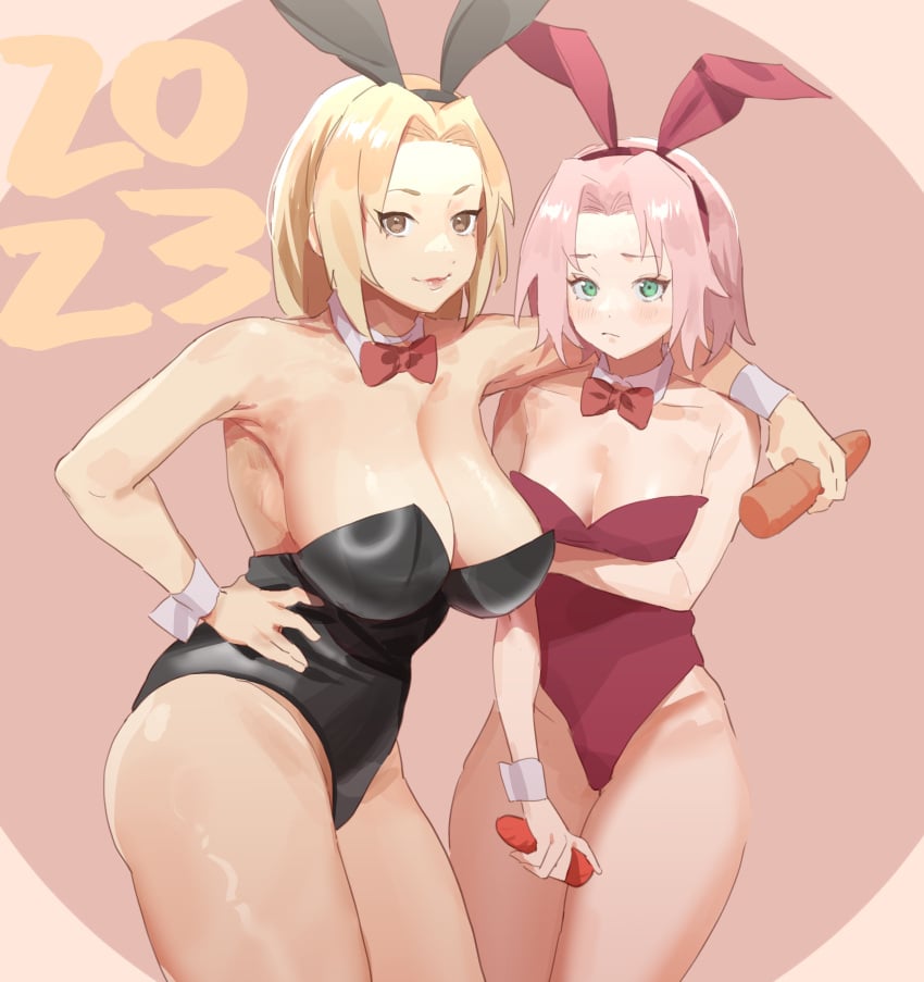 2023 2girls 5_nan_(5nan_5nan) adult age_difference barely_clothed big_breasts blonde_hair blush breast_size_difference breasts brown_eyes bunny_ears bunny_girl bunnysuit carrot cleavage dated detached_collar detached_sleeves embarrassed fake_animal_ears female female_only green_eyes height_difference large_breasts larger_female leotard long_hair looking_at_viewer multiple_girls naruto naruto_(series) naruto_shippuden new_year older_female pink_hair sakura_haruno size_difference smaller_female strapless strapless_leotard taller_female teacher_and_student teenager tsunade vegetable voluptuous younger_female