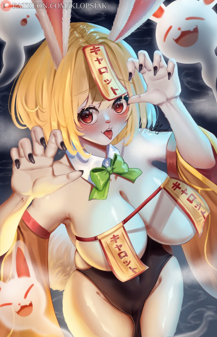 :3 @_@ anthro big_breasts black_nails blonde_hair bunny_ears bunny_girl bunny_tail carrot_(one_piece) claw_pose covered_nipples cute female female_only from_above fur ghost halloween halloween_costume jiangshi klopsiak minkmen_(one_piece) night one_piece rabbit_ears rabbit_girl rabbit_tail red_eyes talisman tongue_out white_body white_fur white_skin