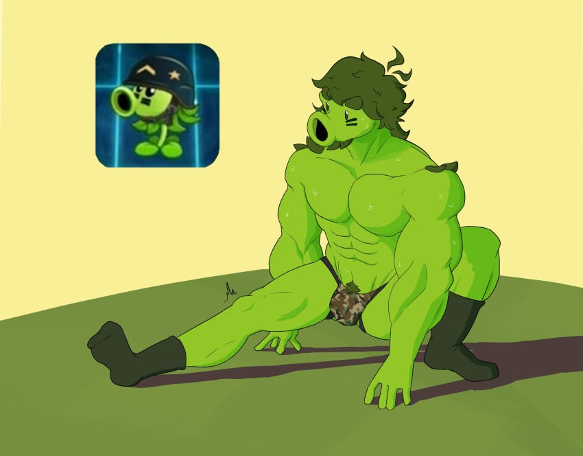 1boy 2022 abs bara big_muscles bodily_fluids bulge clothed clothing electronic_arts elemental_creature elemental_humanoid exercise flora_fauna footwear furrz gatling_pea_(pvz) gay green_body green_hair green_pubes hair highres humanoid jockstrap male male_only mega_gatling_pea_(pvz) muscular muscular_humanoid muscular_male non-human open_mouth peashooter_(pvz) pecs plant plant_humanoid plantie plants_vs_zombies plants_vs_zombies_2:_it's_about_time popcap_games pubes solo sweat topless underwear video_games workout