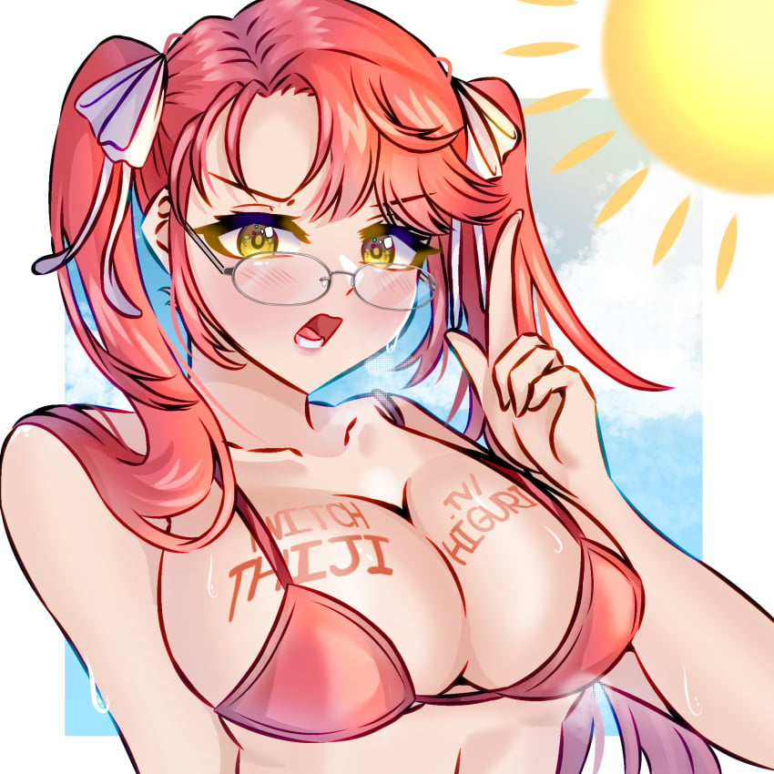 artist_request bikini bikini_top blush blushing_at_viewer breasts glasses hairtie highschool_of_the_dead huge_breasts large_breasts pink_hair product_placement saya_takagi shiny_skin sun sunlight suntan sweaty_body sweaty_breasts twintails twitch.tv yellow_eyes