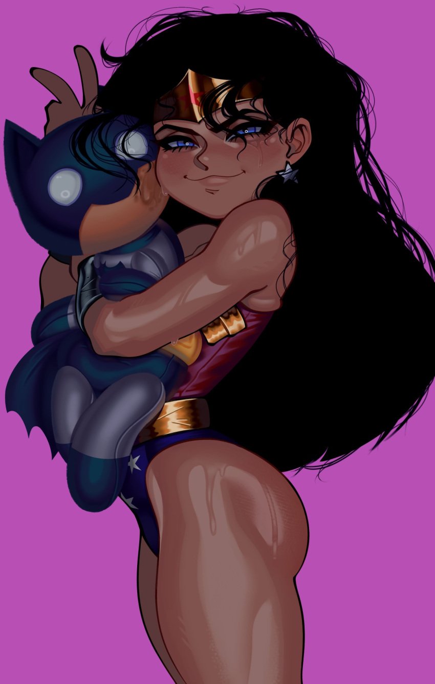 aged_down ass ass_focus black_hair blue_eyes cute dc_comics diana_prince dripping female hugging justice_league long_hair looking_at_viewer milky_way_(artist) muscular_ass muscular_female muscular_thighs plushie purple_background side_view simple_background smug_face sweat thick_thighs wonder_girl_(diana_prince) wonder_woman wonder_woman_(series) young young_woman younger_female