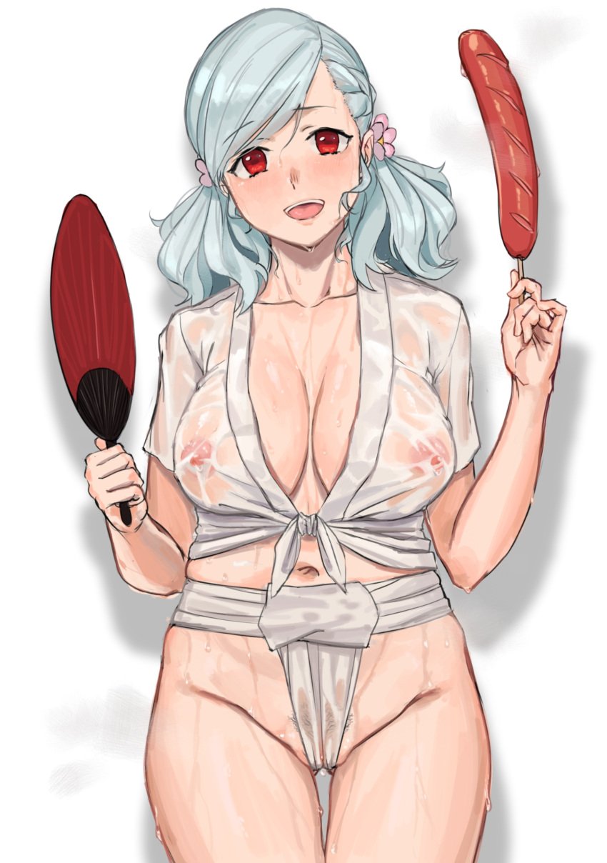 absurdres blush breasts cleavage collarbone covered_nipples cowboy_shot female female_pubic_hair flower food fundoshi girls'_frontline groin hair_flower hair_ornament hand_fan highres holding holding_fan japanese_clothes kuro_(zhurunbo1997) large_breasts long_hair looking_at_viewer nipples open_mouth paper_fan pubic_hair red_eyes sausage see-through shirt smile solo spas-12_(girls'_frontline) uchiwa wet wet_clothes wet_shirt yamakasa