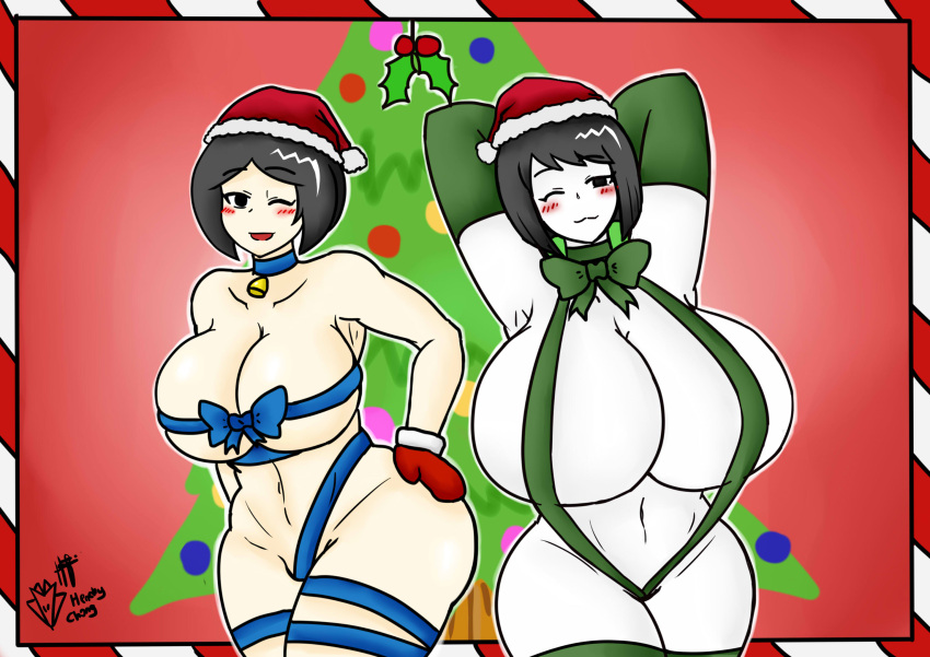 2d 2d_(artwork) 2girls ass_bigger_than_breasts ass_size_difference ass_vs_breasts bob_cut bottom_heavy breast_size_difference breasts_bigger_than_ass doctorloops fanart huge_ass huge_breasts kegispringfield light-skinned_female light_skin looking_at_viewer mistletoe mob_face mona_(doctorloops) mostly_nude multiple_girls naked_ribbon ribbon santa_hat short_hair smile top_heavy veronica_(doctorloops) veronica_and_mona watermark