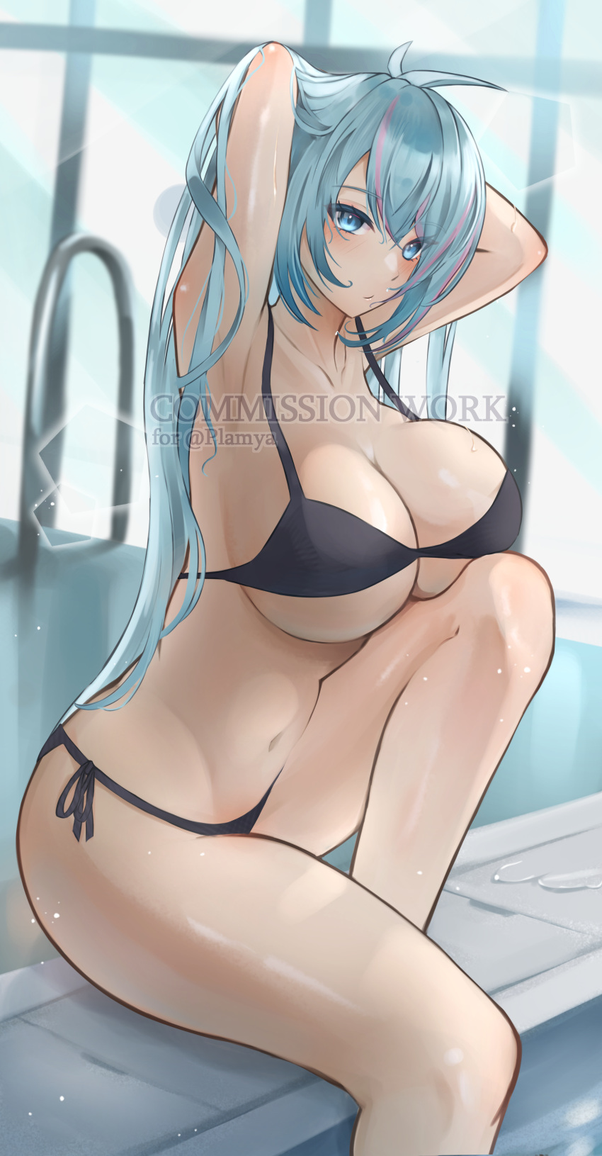 1girls ahoge armpits arms_behind_head azura_cecillia bare_midriff belly_button big_breasts bikini bikini_only blue_eyes blue_hair blush cleavage elvandec exposed_torso hi_res highres long_hair midriff navel nijisanji nijisanji_indonesia pink_hair plamya poolside soft_breasts solo solo_female solo_focus swimming_pool swimsuit two_tone_hair virtual_youtuber water watermark wet wet_skin