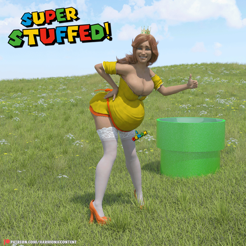 1girls 3d belly big_belly big_breasts bloated bloated_belly breasts brown_hair cleavage female harmoniccontent mario_(series) nintendo princess_daisy stomach_noises stuffed_belly stuffing super_mario_bros. warp_pipe