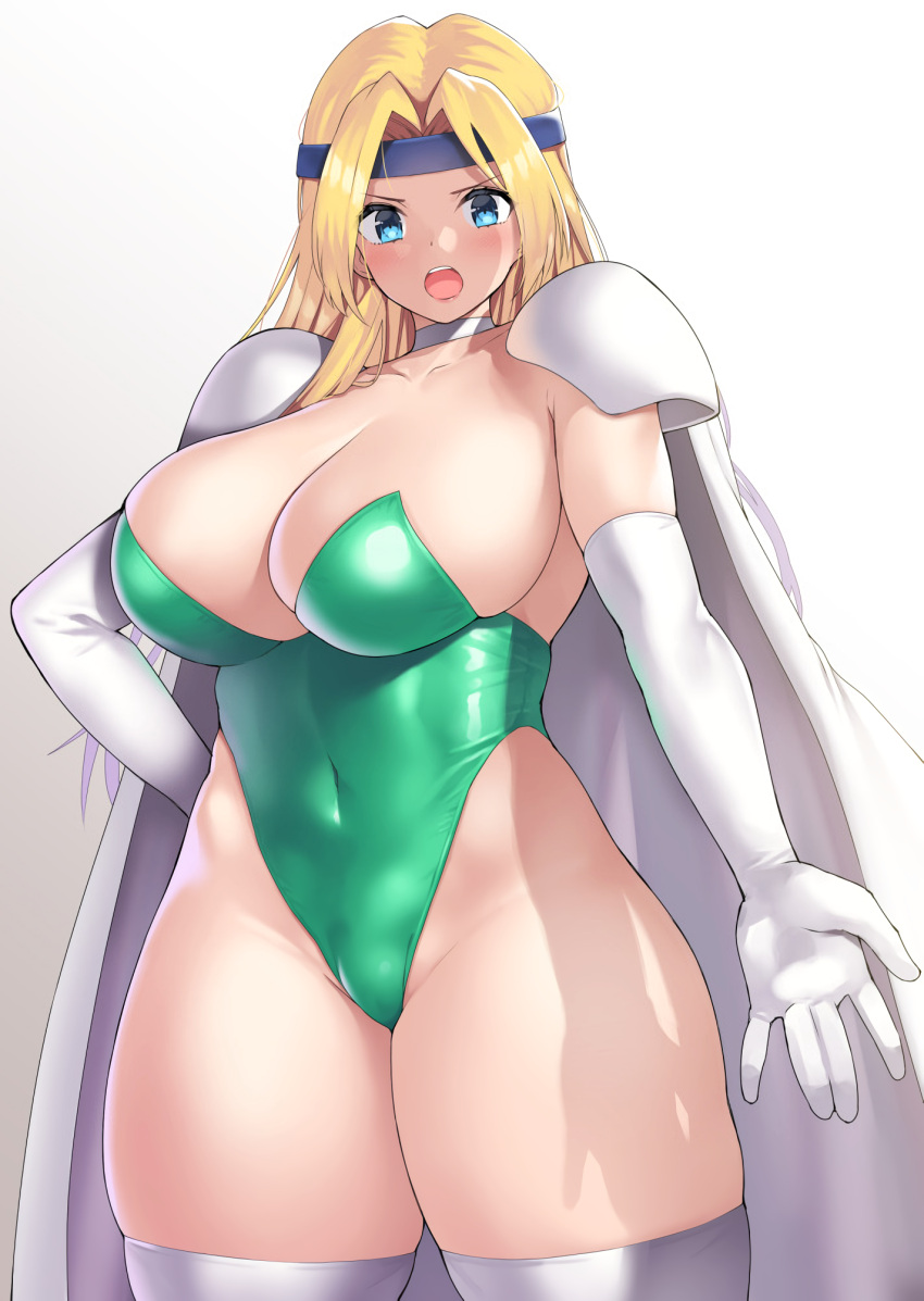 1girls bandana belly_button big_breasts bimbo blonde_hair blue_eyes blushed breasts celes_chere collar final_fantasy final_fantasy_vi gigantic_breasts green_leotard huge_breasts large_breasts leotard looking_at_viewer massive_breasts nagase_haruhito open_mouth solo solo_focus square_enix thick_thighs thighhighs thighs white_cape white_gloves