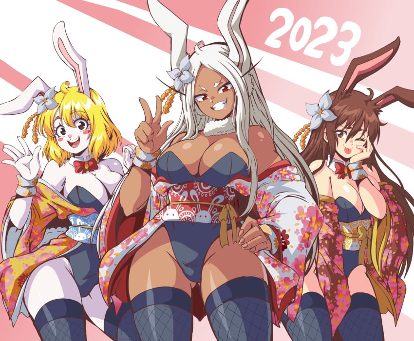 2023 2d 3girls black_legwear black_stockings blonde_hair brown_hair carrot_(one_piece) cleavage crossover dark_skin female female_only footwear large_breasts lewdamone long_hair looking_at_viewer miruko multiple_girls my_hero_academia one_eye_closed one_piece rabbit rabbit_ears rabbit_girl red_eyes rumi_usagiyama rwby short_hair solo_focus thick_thighs thighhighs thighs tongue tongue_out velvet_scarlatina white_skin wide_hips wrist_cuffs year_of_the_rabbit