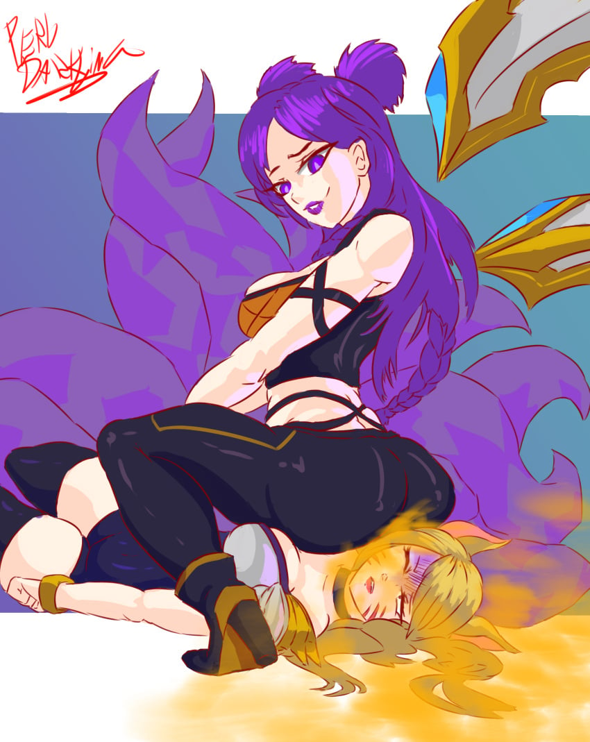 2girls ahri annoyed disgusted face_fart face_in_ass facesitting fart fart_fetish fart_torture female female_only humiliation k/da_ahri k/da_kai'sa k/da_series kai'sa league_of_legends multiple_girls pervdarkling_(artist) riot_games