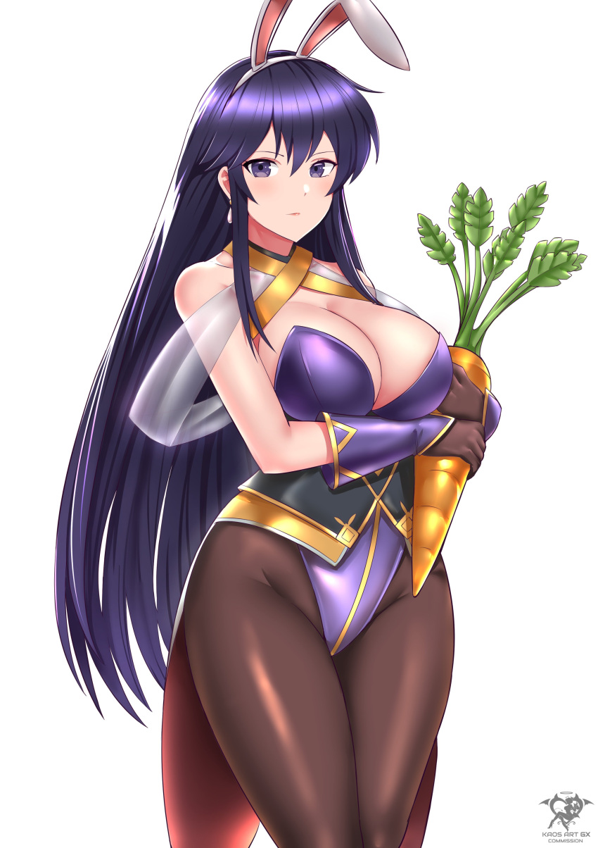 1girls absurd_res absurdres alternate_costume animal_ears artist_name ayra_(fire_emblem) bare_shoulders black_eyes black_gloves black_hair breasts bunny_ears bunny_girl bunnysuit carrot cleavage female female_only fire_emblem fire_emblem:_genealogy_of_the_holy_war gloves gold_trim hi_res highres holding holding_carrot kaos_art large_breasts lipstick long_hair looking_at_viewer nintendo pantyhose plain_background playboy_bunny purple_eyes rabbit_ears solo watermark white_background