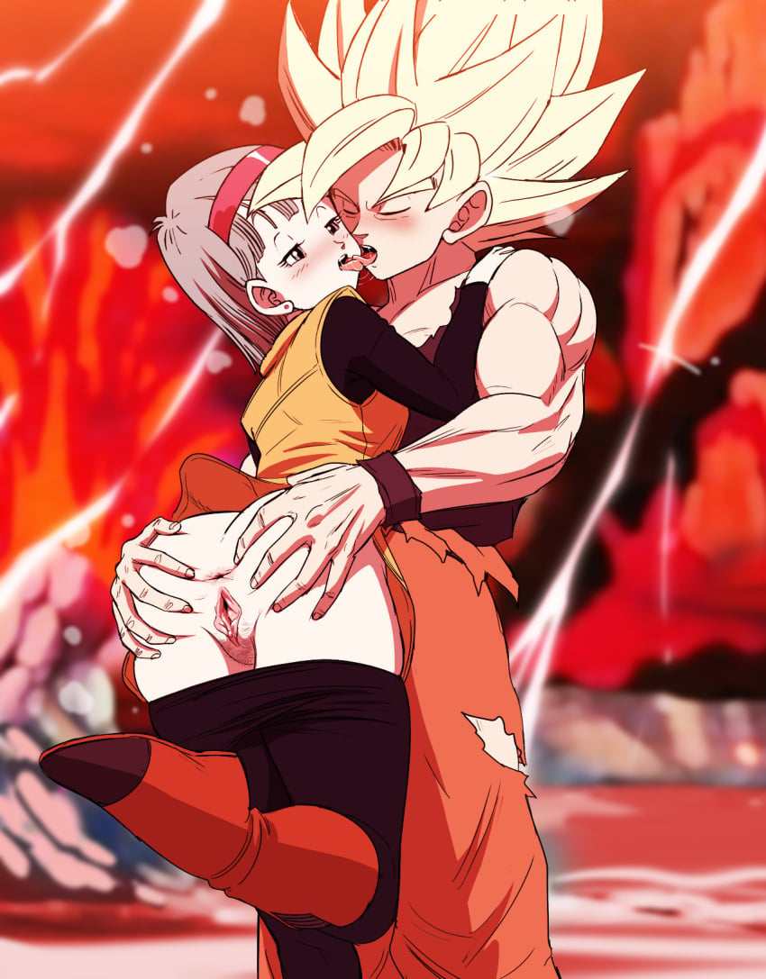 1boy 1girls anus ass ass_grab blue_hair bulma_briefs bulma_briefs_(frieza_saga) closed_eyes dragon_ball dragon_ball_z half-closed_eyes hands_on_ass kissing muscular muscular_male namek pants_down pussy son_goku super_saiyan therappy tongue_kiss torn_clothes