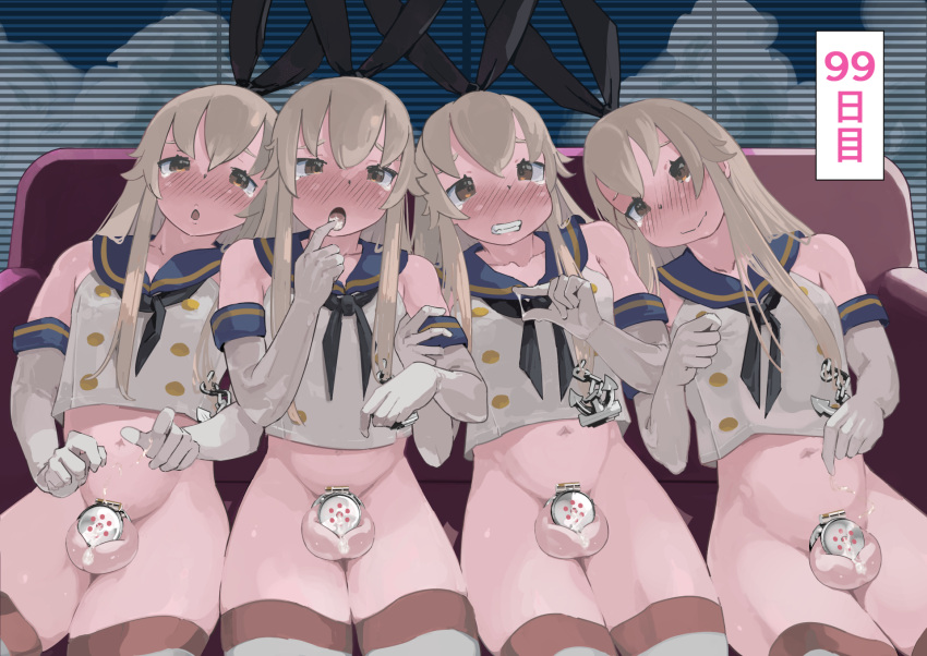 4boys blush chastity chastity_cage couch crossdressing cum cute embarrassed femboy flat_chastity_cage girly horny human japanese_text leaking_precum male male_only partially_clothed sannbukousaku shimakaze_(kantai_collection)_(cosplay) sissy small_penis tagme text thick_thighs thighhighs translation_request uncensored yaoi