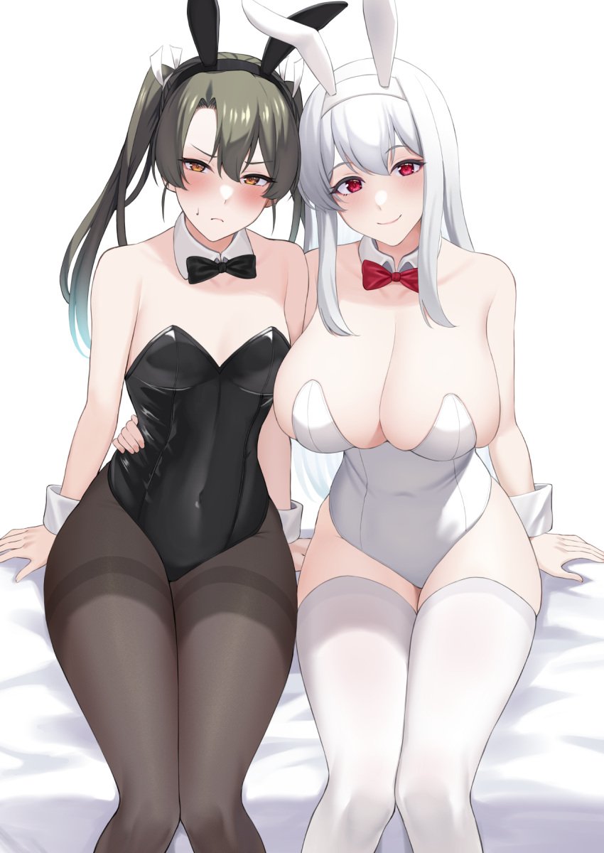 2girls alternate_costume animal_ears arm_around_waist asymmetrical_bangs bangs bare_shoulders bed_sheet black_bow black_bowtie black_leotard black_pantyhose blush bow bowtie breasts brown_eyes bunny_ears bunnysuit cleavage collarbone covered_navel dark_green_hair detached_collar fake_animal_ears female female_only frown hair_ribbon highres kantai_collection large_breasts leotard long_hair looking_at_viewer multiple_girls pantyhose playboy_bunny rabbit_ears red_bow red_bowtie red_eyes ribbon shoukaku_(kantai_collection) sitting size_difference small_breasts smile straight_hair sweatdrop takaman_(gaffe) thighband_pantyhose thighhighs twintails white_background white_hair white_leotard white_ribbon white_thighhighs white_wrist_cuffs zuikaku_(kantai_collection)