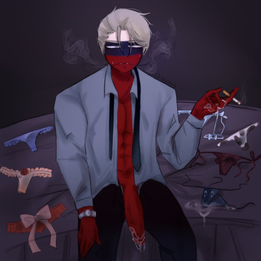 1boy anthro big_penis blue_underwear bow clothed_male clothing countryhumans gray_hair idkcocco light_blue_underwear muscular muscular_male pectorals penis_out pink_underwear red_underwear russia_(countryhumans) smoking unbuttoned_shirt underwear undone_necktie white_underwear