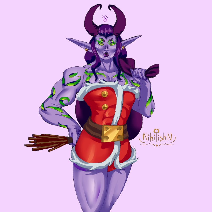 1boy androgynous christmas crismas demon demon_hunter drawing elf fully_clothed horns krampus loki long_hair male male_only merry_christmas night_elf nihilish_(nihilishn) nihilishn oc purple_hair purple_skin tattoos warcraft xmas