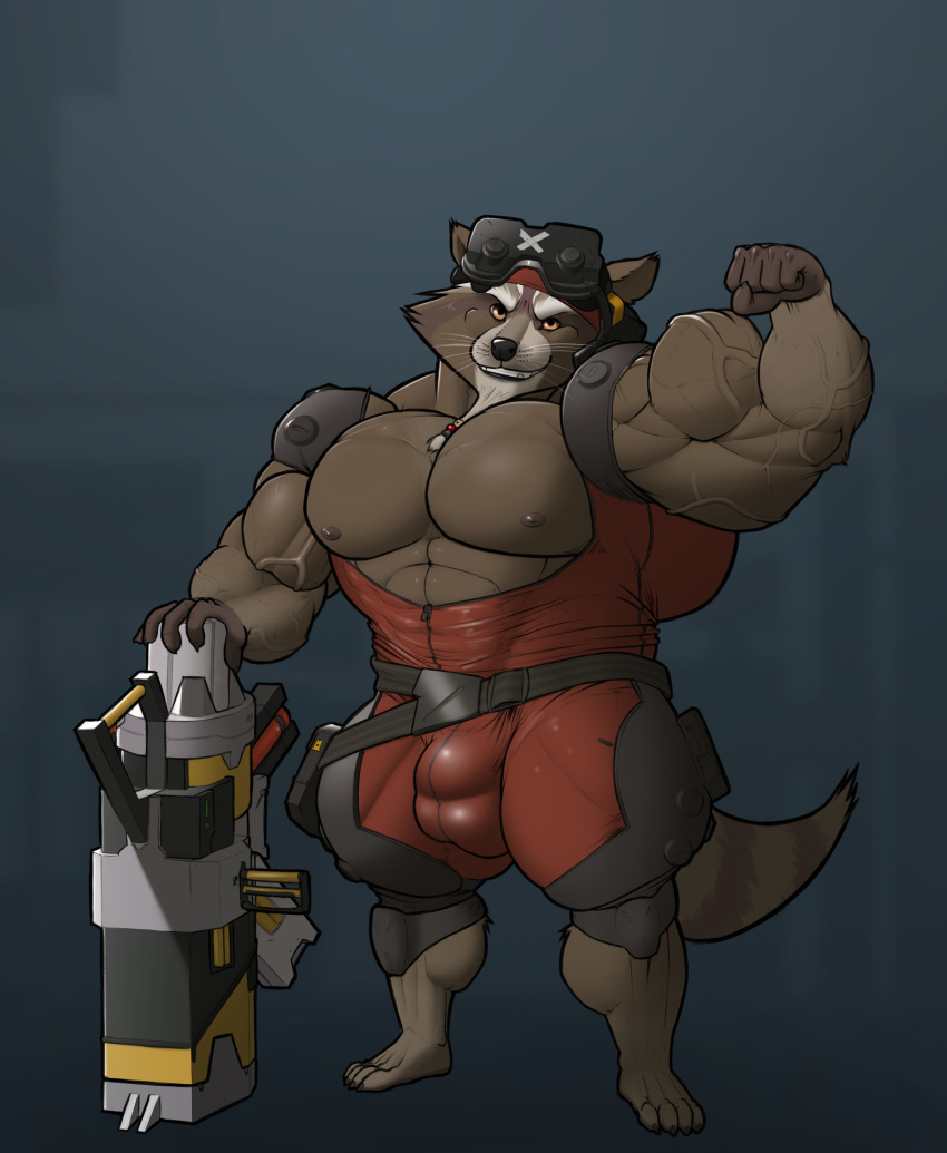 4_toes 5_fingers abs anthro barefoot beard biceps big_biceps big_bulge big_muscles big_pecs biped black_nose brown_body brown_fur bulge claws clothed clothing facial_hair feet fingers fur guardians_of_the_galaxy gun hi_res huge_muscles jumpsuit kajy looking_at_viewer male male_only mammal marvel muscular muscular_anthro muscular_arms muscular_male muscular_thighs nipples pecs plantigrade procyonid quads raccoon ranged_weapon rocket_raccoon simple_background smile solo standing thick_thighs tight_clothing toe_claws toes triceps vein veiny_muscles weapon whiskers