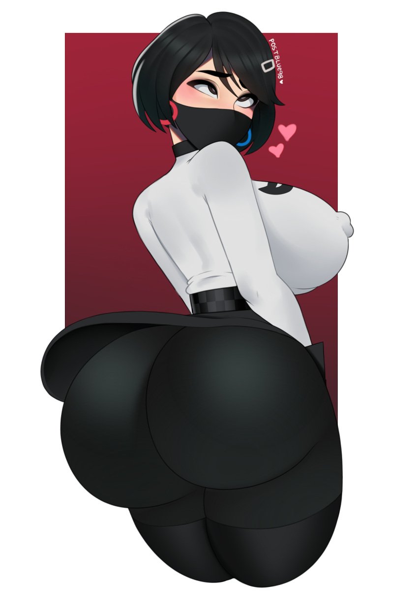 1girls 2d artist_name ass big_ass big_breasts big_butt black_hair breasts clothed clothing evie_(fortnite) eyes_rolling_back female female_only fortnite heart human human_only humanoid large_ass large_breasts light-skinned_female light_skin looking_back looking_right mask nipple_bulge not_furry pale-skinned_female pale_skin postblue98 short_hair simple_background solo standing voluptuous watermark