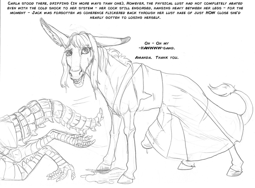 1boy 1futa animal_genitalia animal_penis arania armadillo_girdled_lizard asinus balls breasts carla_(tcitw) clothed clothed_feral clothing dipstick_ears donkey dress duo english_text equid equine equine_penis feral full-package_futanari futanari genitals girdled_lizard gynomorph herm hermaphrodite hooves intersex jack_(tcitw) lizard male mammal multi_genitalia multicolored_ears penis pussy reptile scalie tail tail_tuft text the_cabin_in_the_woods_(arania) transformation tuft