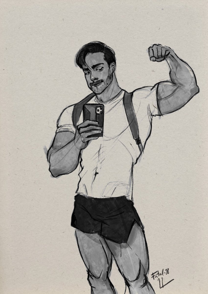 black_and_white cellphone fataldraws fitness_influencer flexing jordan_morello male male_only muscles muscular muscular_male real_person selfie short_shorts sketch social_media_influencer uncolored youtuber