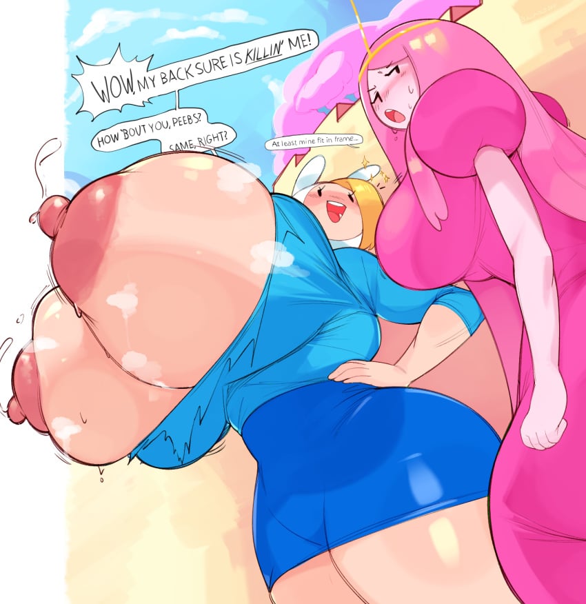 adventure_time big_breasts breaking_the_fourth_wall breast_envy bulumble-bee bursting_breasts cartoon_network fionna_the_human_girl fourth_wall genderbent gigantic_breasts huge_breasts large_areolae outside_of_border princess_bubblegum puffy_nipples smile sweat text_bubble thick_thighs tight_clothing wide_hips