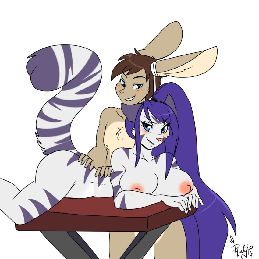 anthro ass big_breasts blush breasts felid female hair hi_res lagomorph leporid long_hair male male/female mammal massage massaging phuufy rabbit smile smirk soya_akane tagme uberquest webcomic