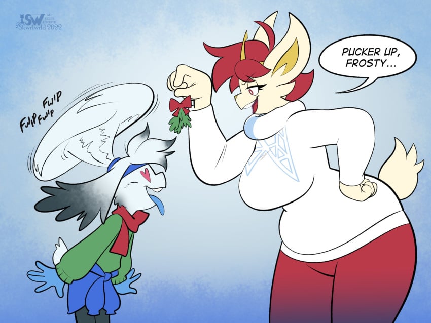 anthro anthro_only anthrofied big_breasts breasts cici_(skwrlwrld) cinderace dialogue duo english_text excited female fur furry larger_female male milf mistletoe nintendo no_humans pokémon_(species) pokemon scorbunny size_difference skwrlwrld smaller_male sweater tail text